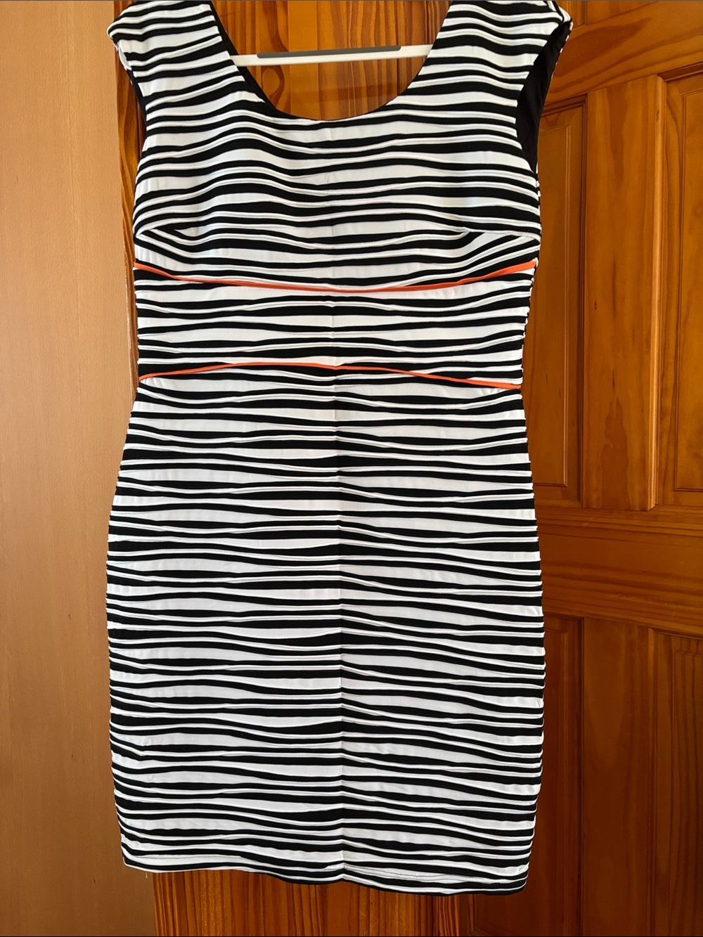 Donna Ricco Black and White Striped Midi Dress with Orange Trim